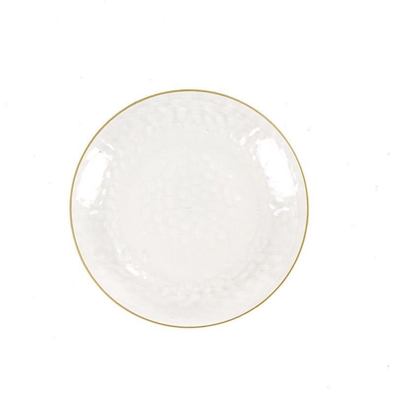 10 Clear Round Hammered Disposable Salad and Dinner Plastic Plates with Gold Trim