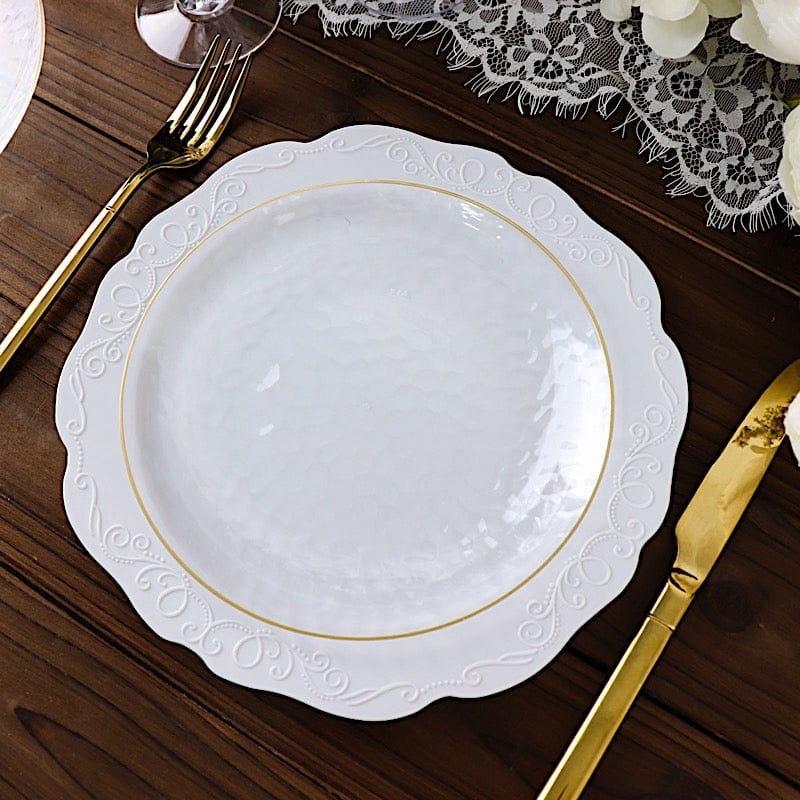 10 Clear Round Hammered Disposable Salad and Dinner Plastic Plates with Gold Trim