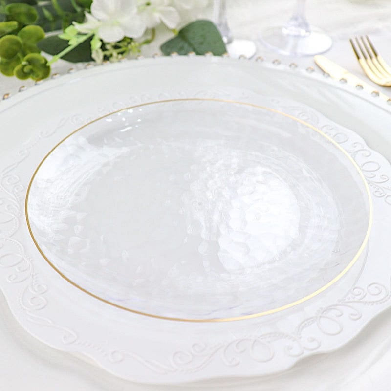 10 Clear Round Hammered Disposable Salad and Dinner Plastic Plates with Gold Trim
