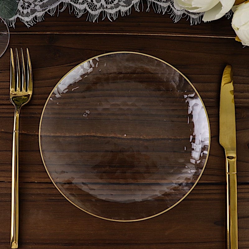10 Clear Round Hammered Disposable Salad and Dinner Plastic Plates with Gold Trim