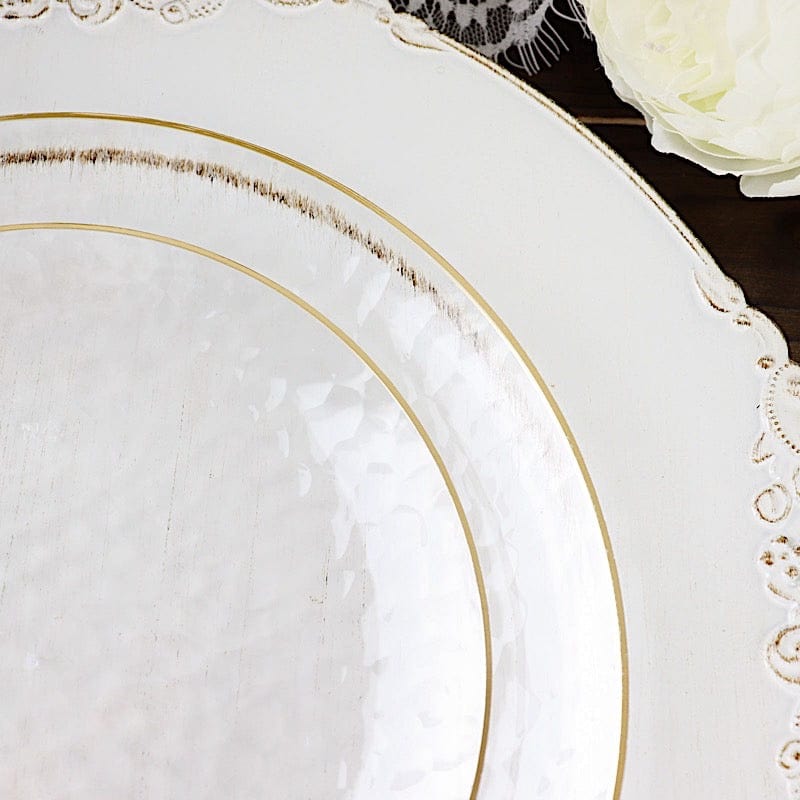 10 Clear Round Hammered Disposable Salad and Dinner Plastic Plates with Gold Trim