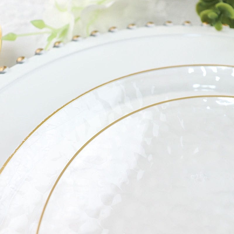 10 Clear Round Hammered Disposable Salad and Dinner Plastic Plates with Gold Trim