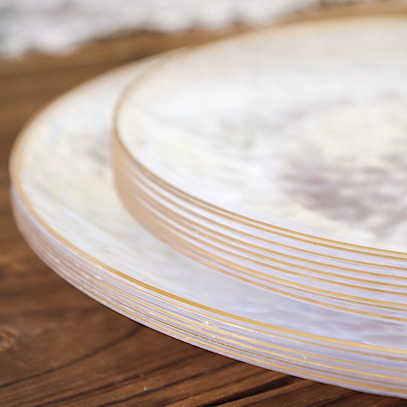 10 Clear Round Hammered Disposable Salad and Dinner Plastic Plates with Gold Trim