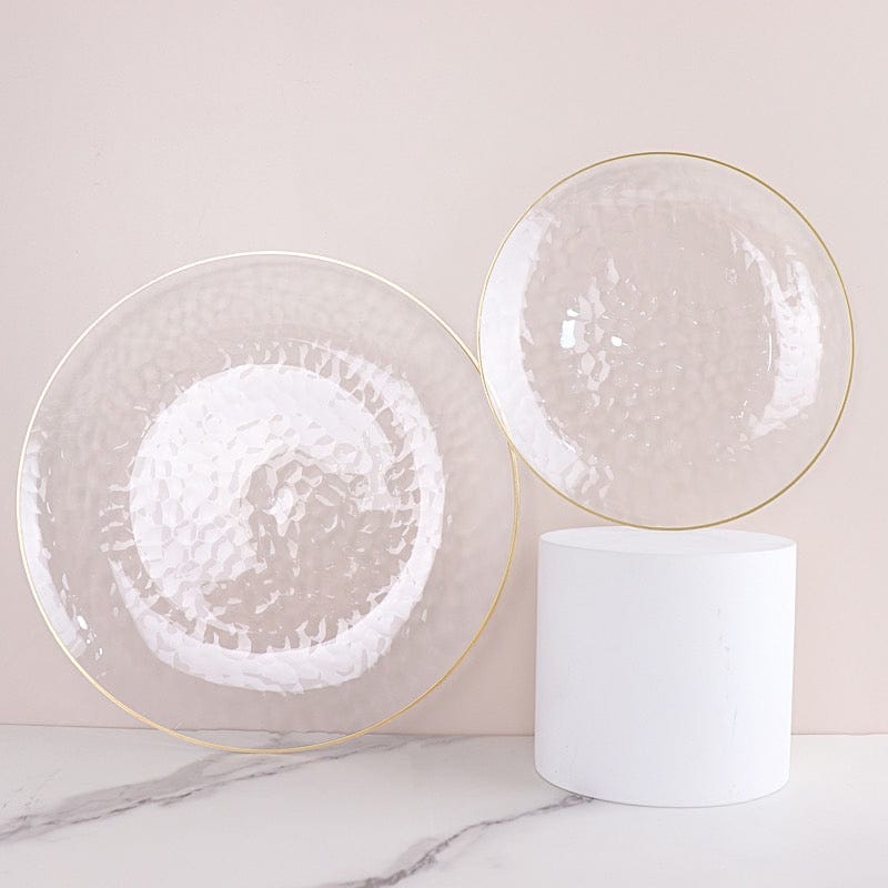 10 Clear Round Hammered Disposable Salad and Dinner Plastic Plates with Gold Trim