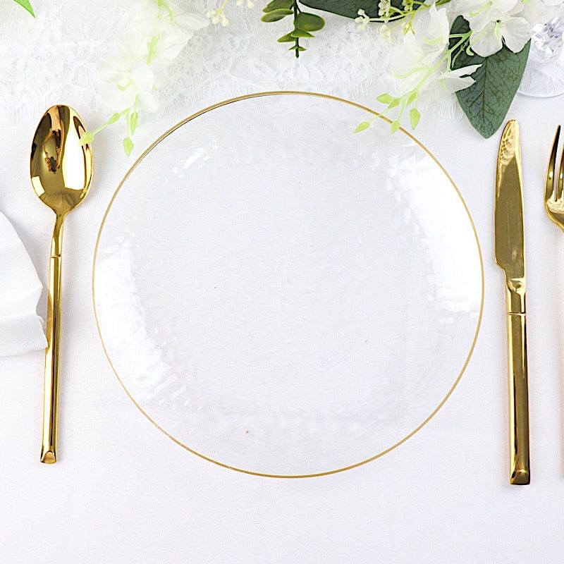 10 Clear Round Hammered Disposable Salad and Dinner Plastic Plates with Gold Trim