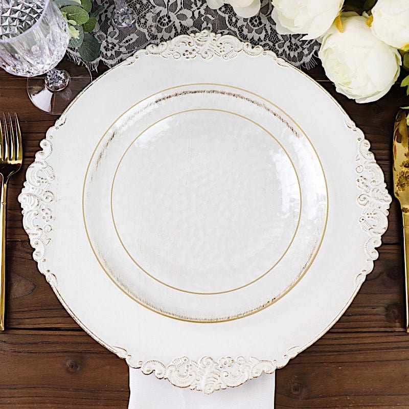 10 Clear Round Hammered Disposable Salad and Dinner Plastic Plates with Gold Trim