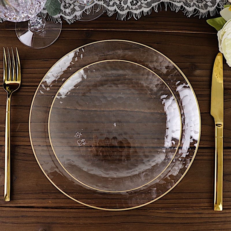 10 Clear Round Hammered Disposable Salad and Dinner Plastic Plates with Gold Trim