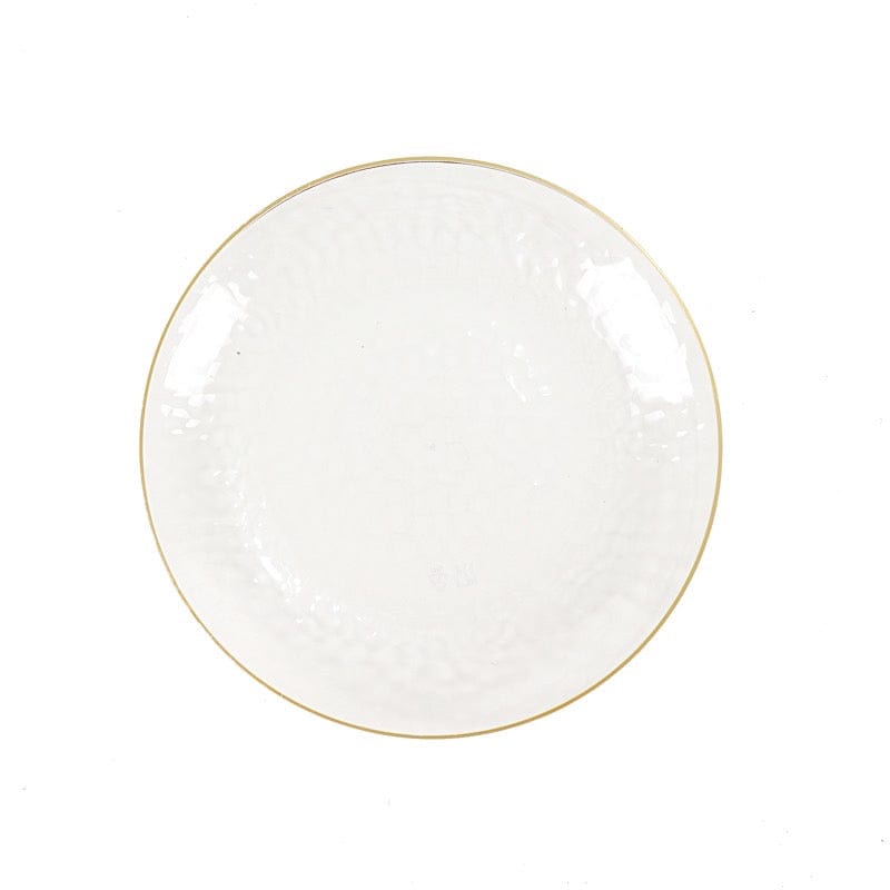 10 Clear Round Hammered Disposable Salad and Dinner Plastic Plates with Gold Trim