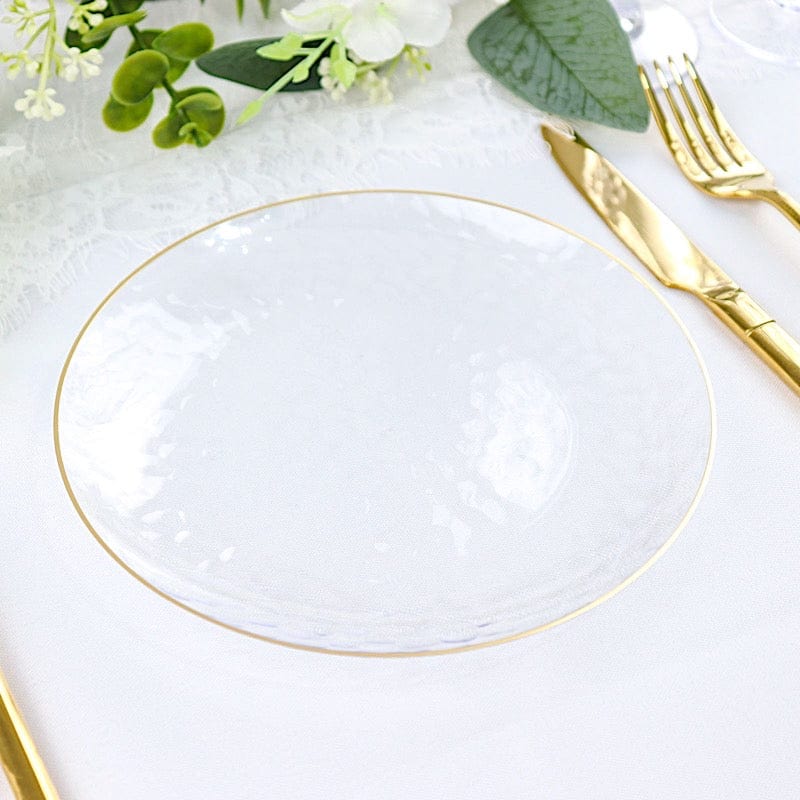 10 Clear Round Hammered Disposable Salad and Dinner Plastic Plates with Gold Trim