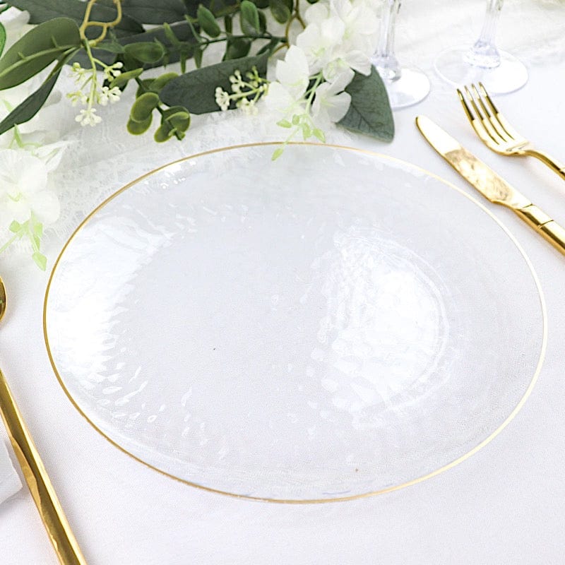 10 Clear Round Hammered Disposable Salad and Dinner Plastic Plates with Gold Trim