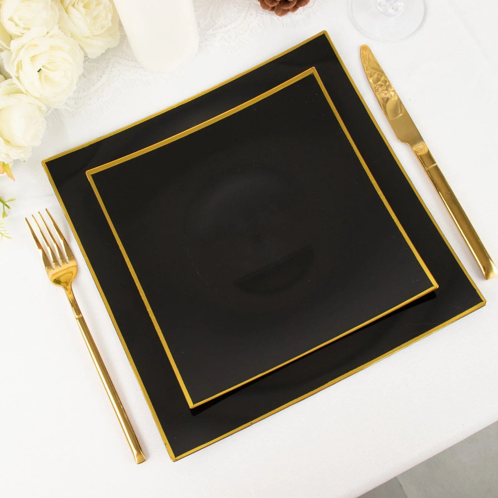 10 Concave Square Disposable Salad and Dinner Plastic Plates with Gold Trim