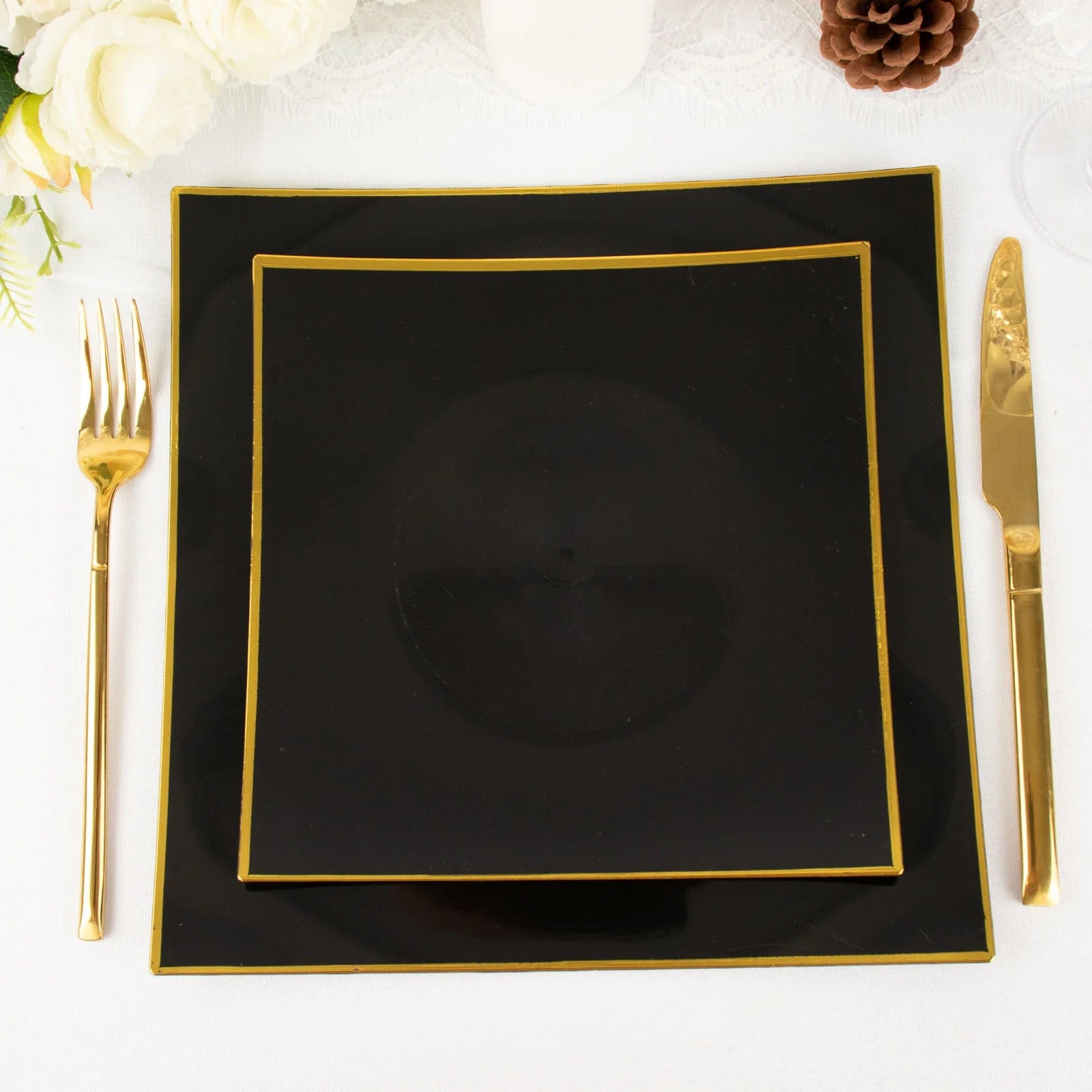 10 Concave Square Disposable Salad and Dinner Plastic Plates with Gold Trim