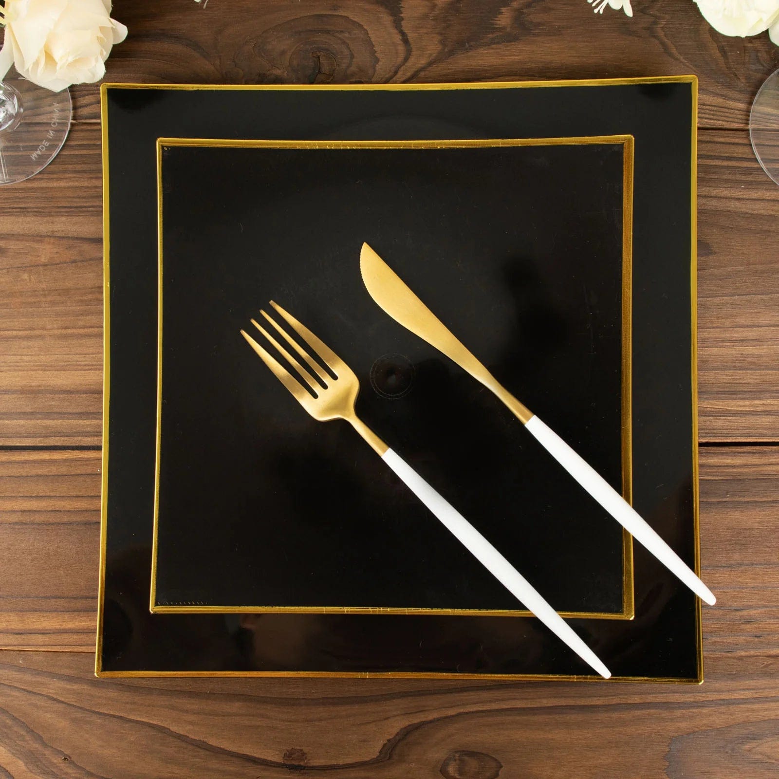 10 Concave Square Disposable Salad and Dinner Plastic Plates with Gold Trim