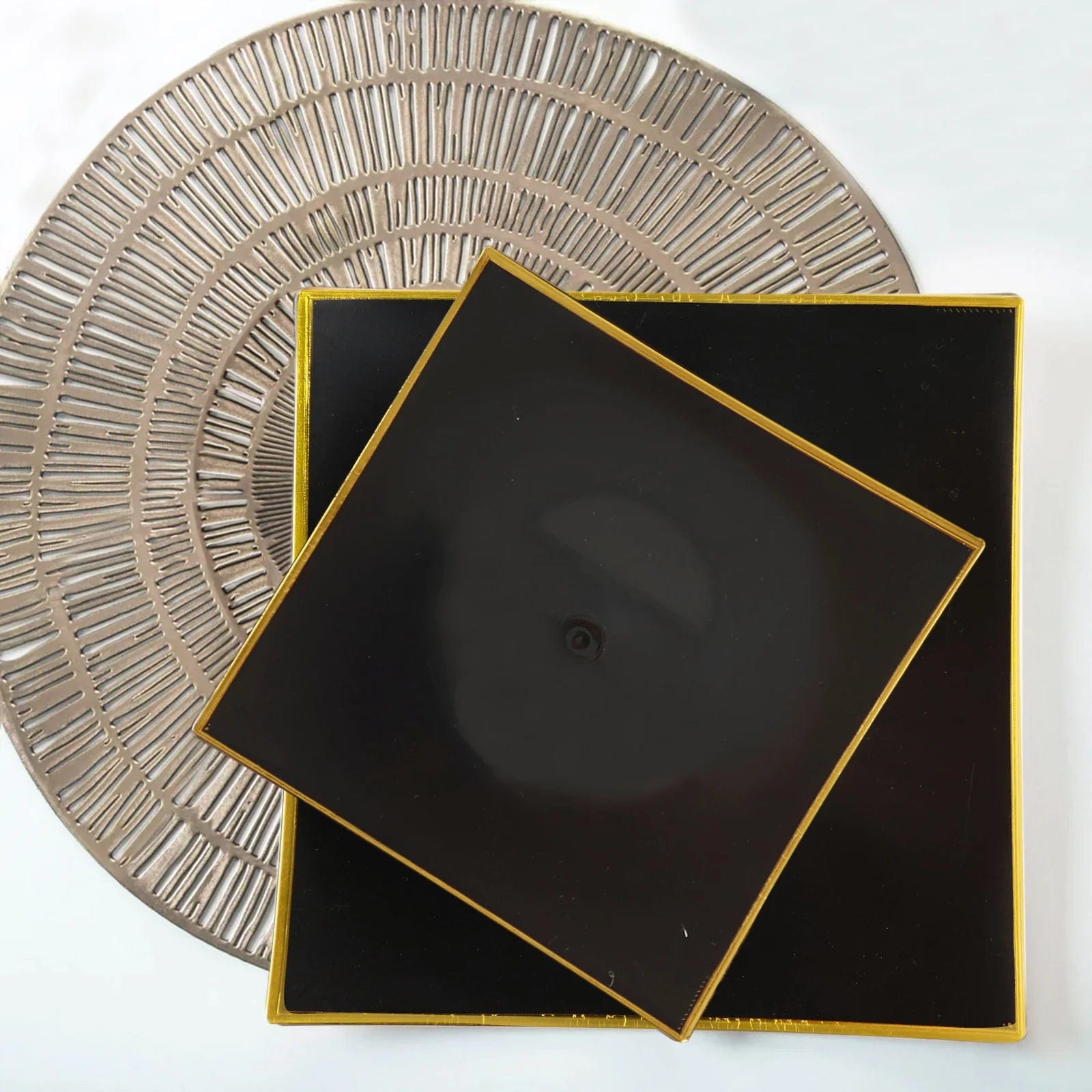 10 Concave Square Disposable Salad and Dinner Plastic Plates with Gold Trim
