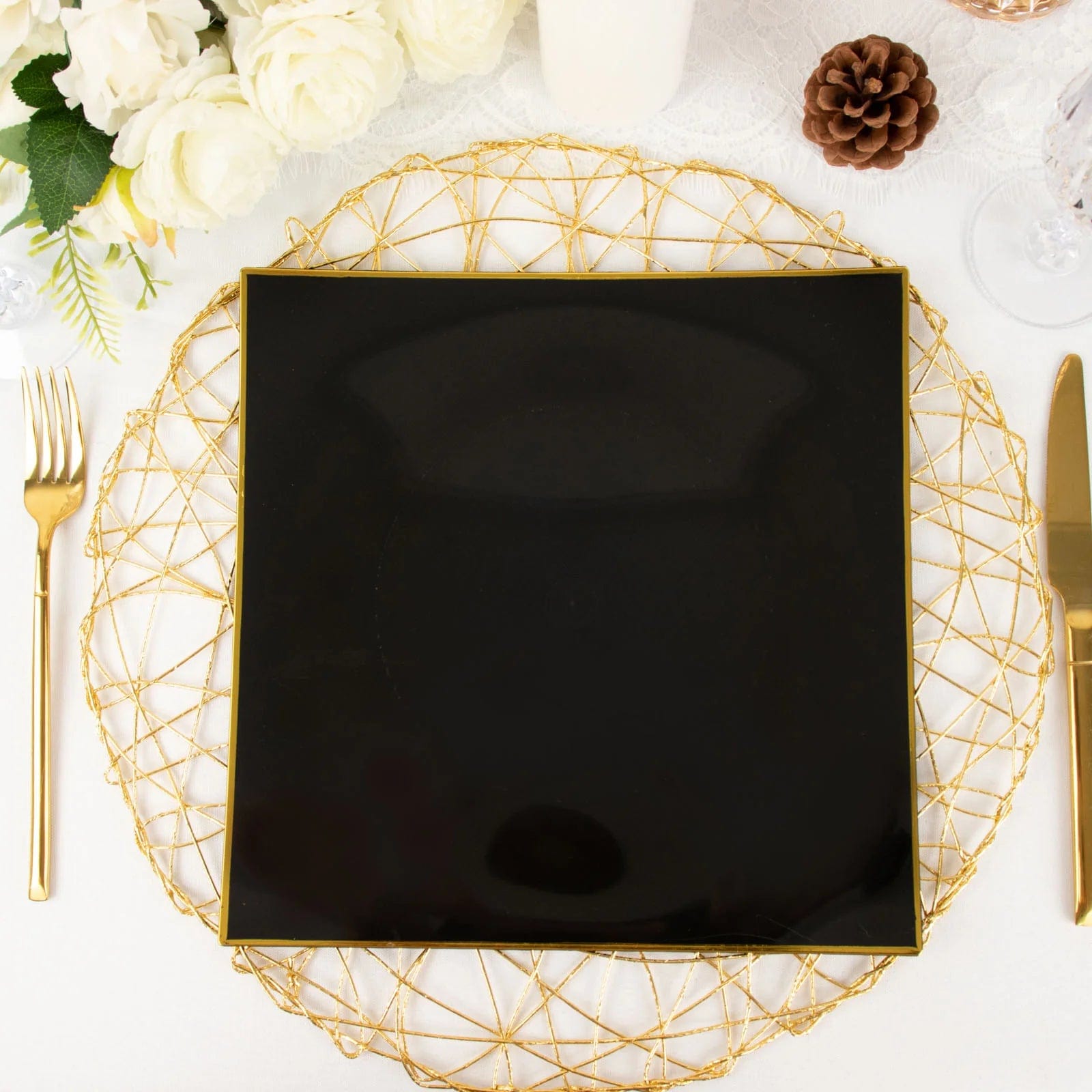 10 Concave Square Disposable Salad and Dinner Plastic Plates with Gold Trim