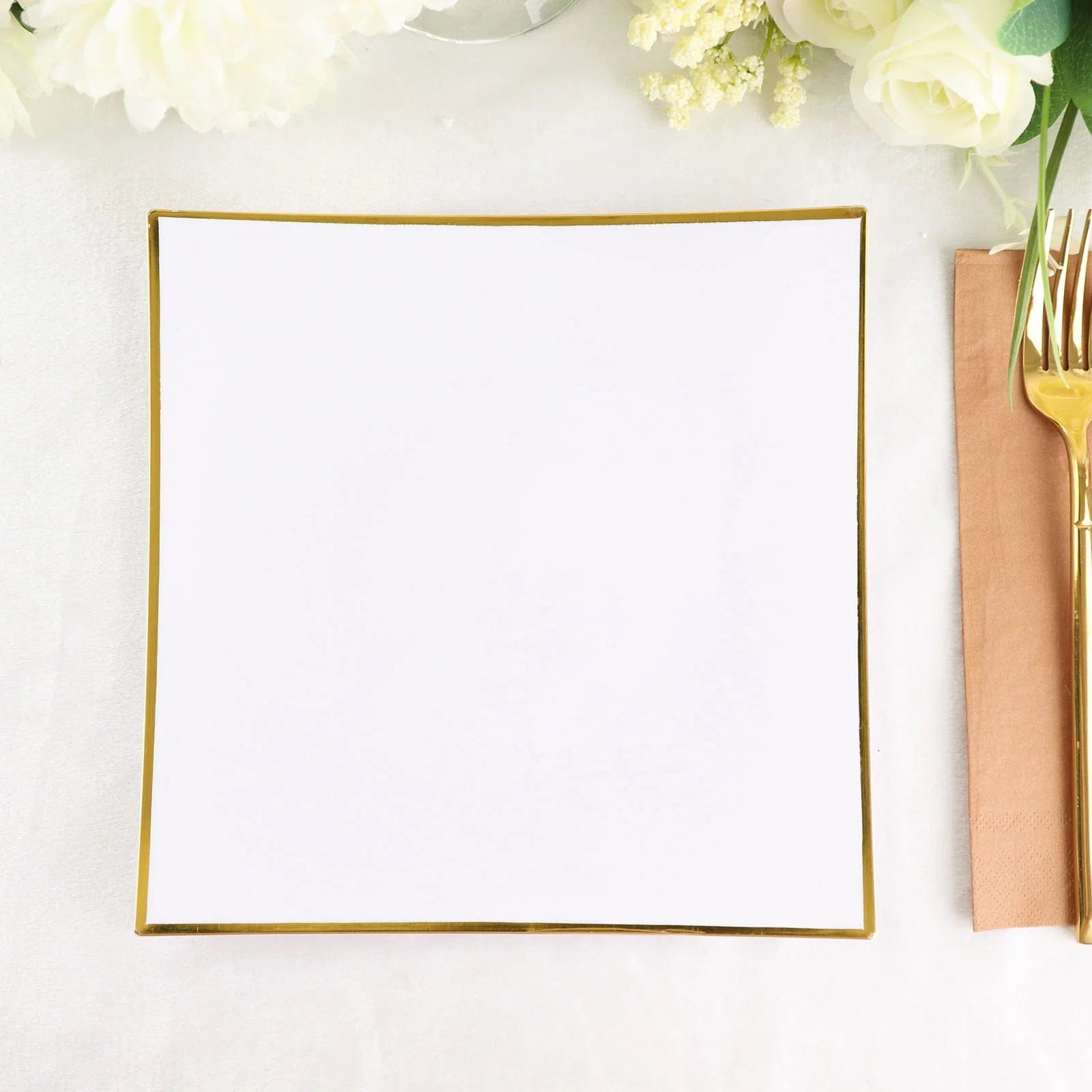 10 Concave Square Disposable Salad and Dinner Plastic Plates with Gold Trim
