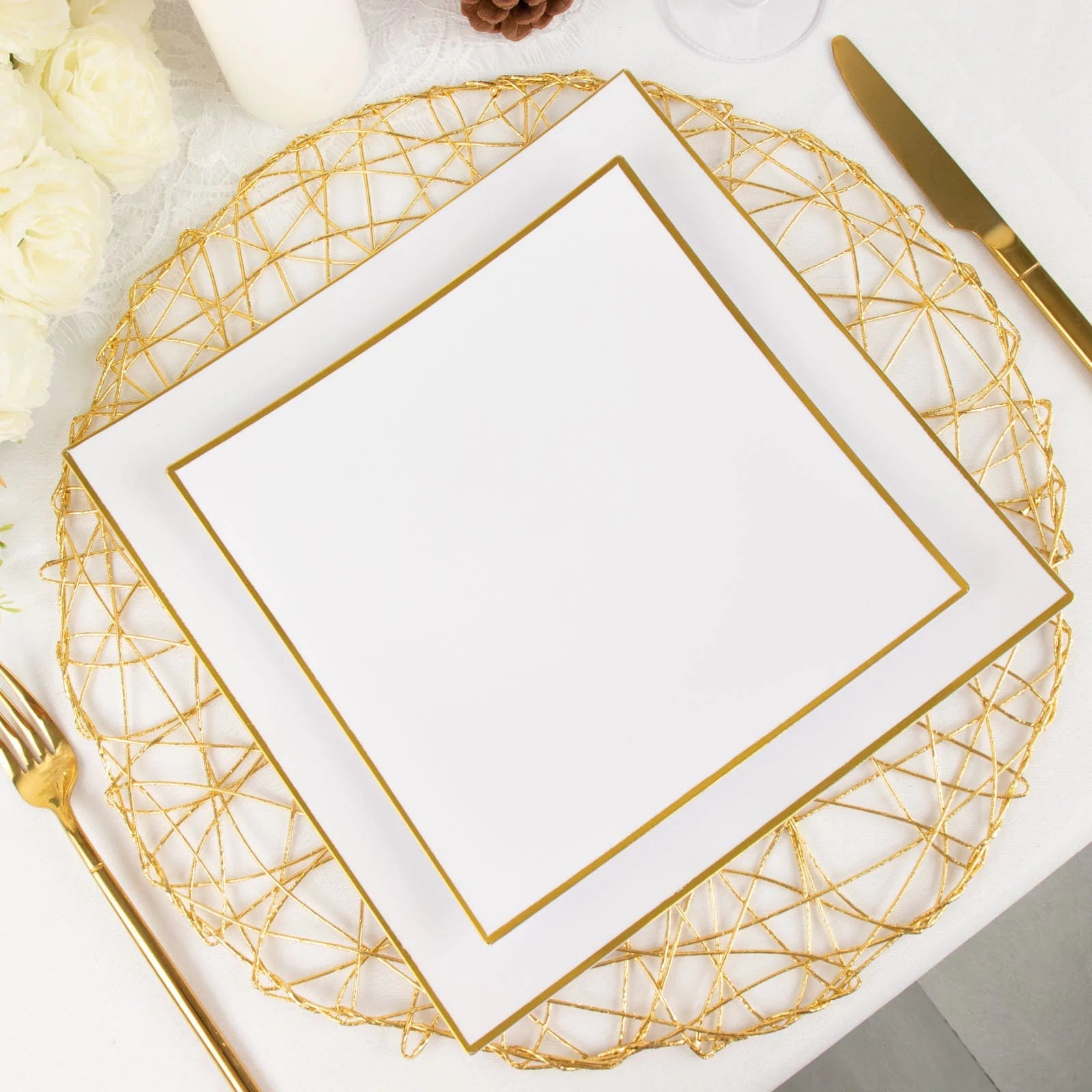 10 Concave Square Disposable Salad and Dinner Plastic Plates with Gold Trim