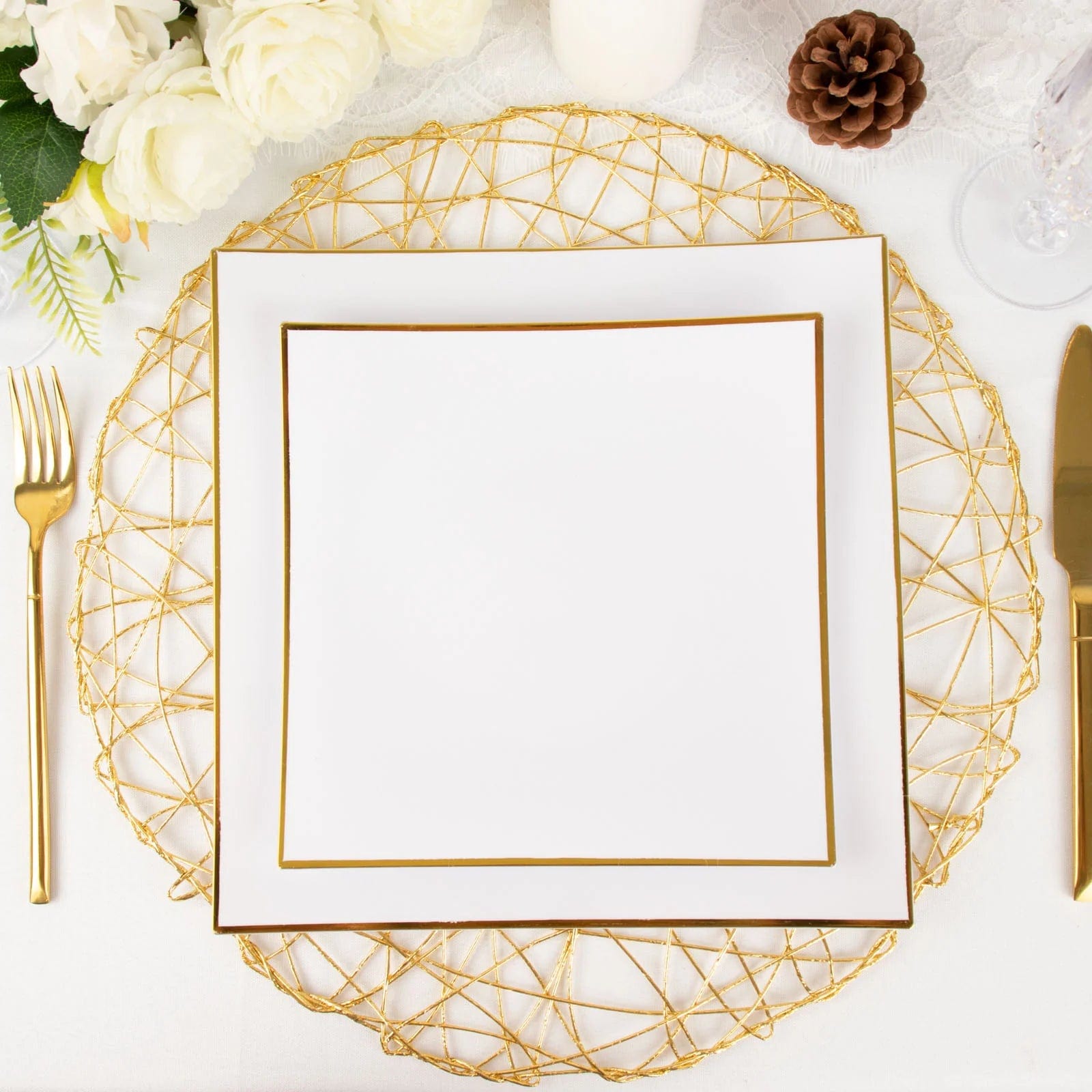 10 Concave Square Disposable Salad and Dinner Plastic Plates with Gold Trim