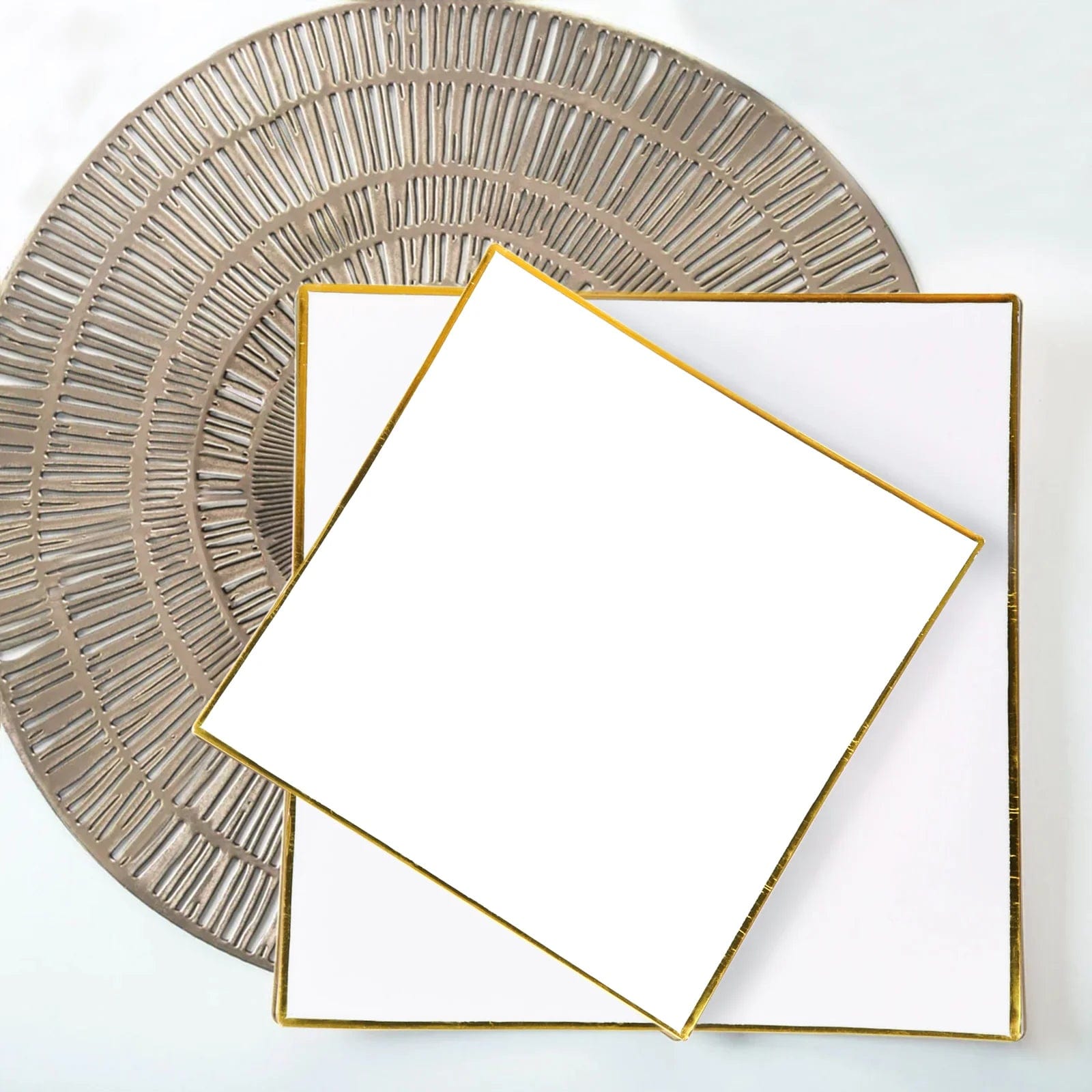 10 Concave Square Disposable Salad and Dinner Plastic Plates with Gold Trim