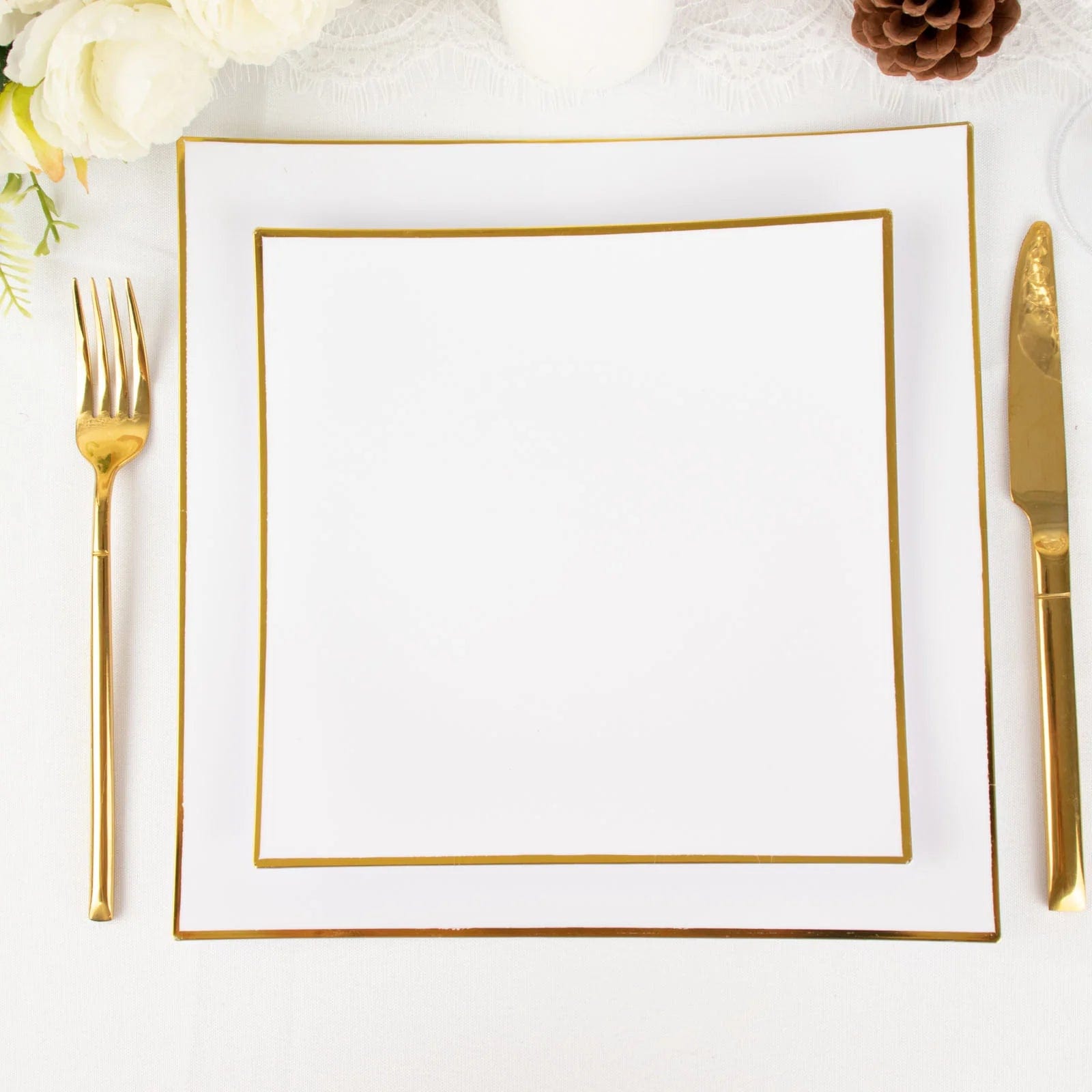 10 Concave Square Disposable Salad and Dinner Plastic Plates with Gold Trim