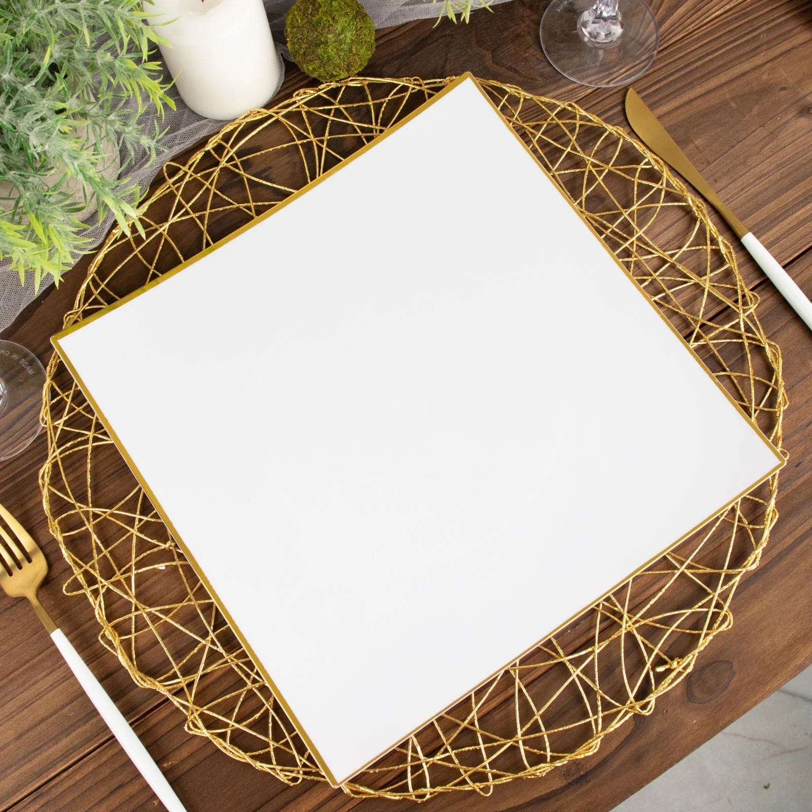 10 Concave Square Disposable Salad and Dinner Plastic Plates with Gold Trim