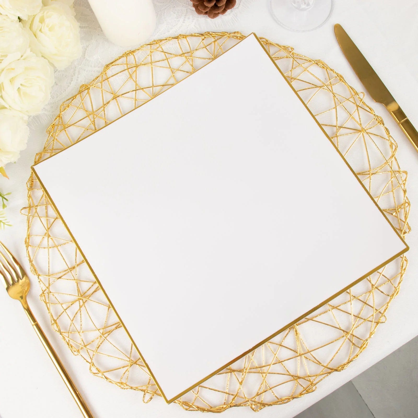 10 Concave Square Disposable Salad and Dinner Plastic Plates with Gold Trim
