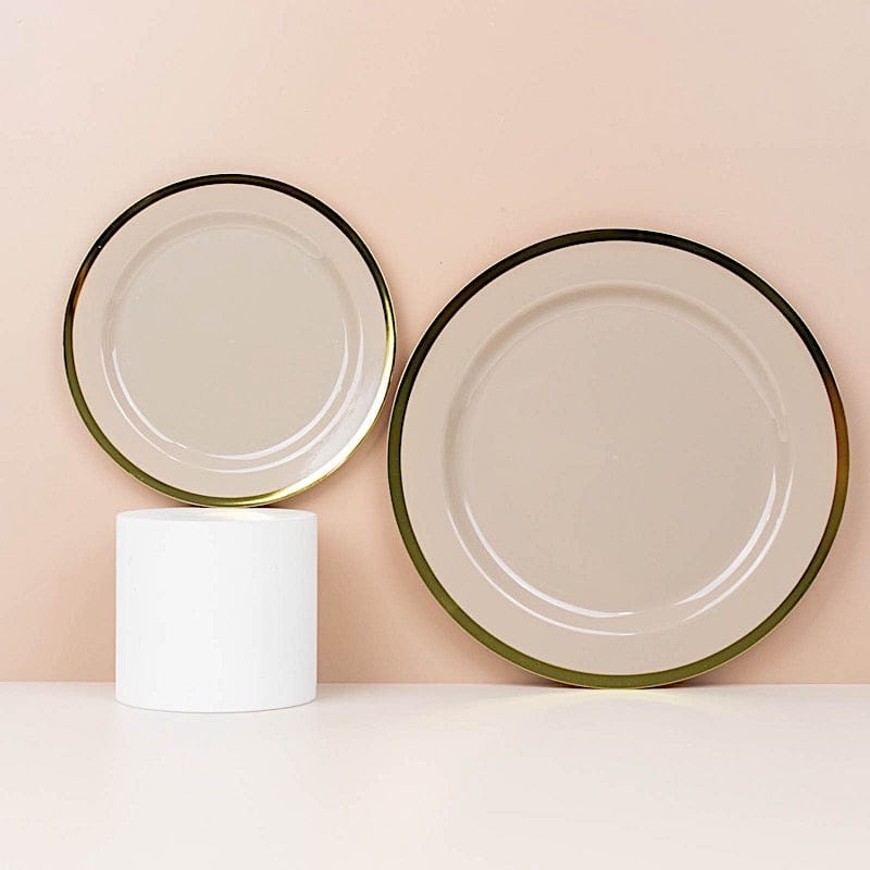 10 Disposable Round Plastic Dessert Plates with Gold Rim