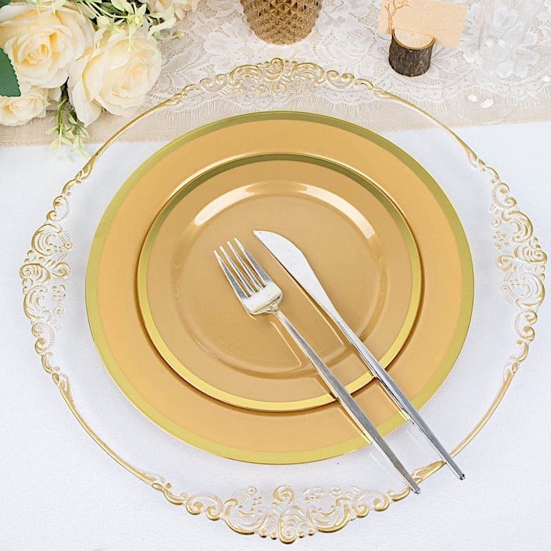 10 Disposable Round Plastic Dessert Plates with Gold Rim