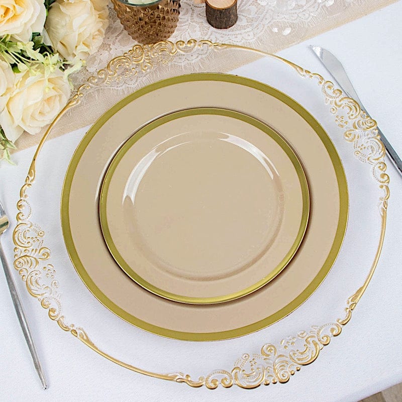 10 Disposable Round Plastic Dessert Plates with Gold Rim