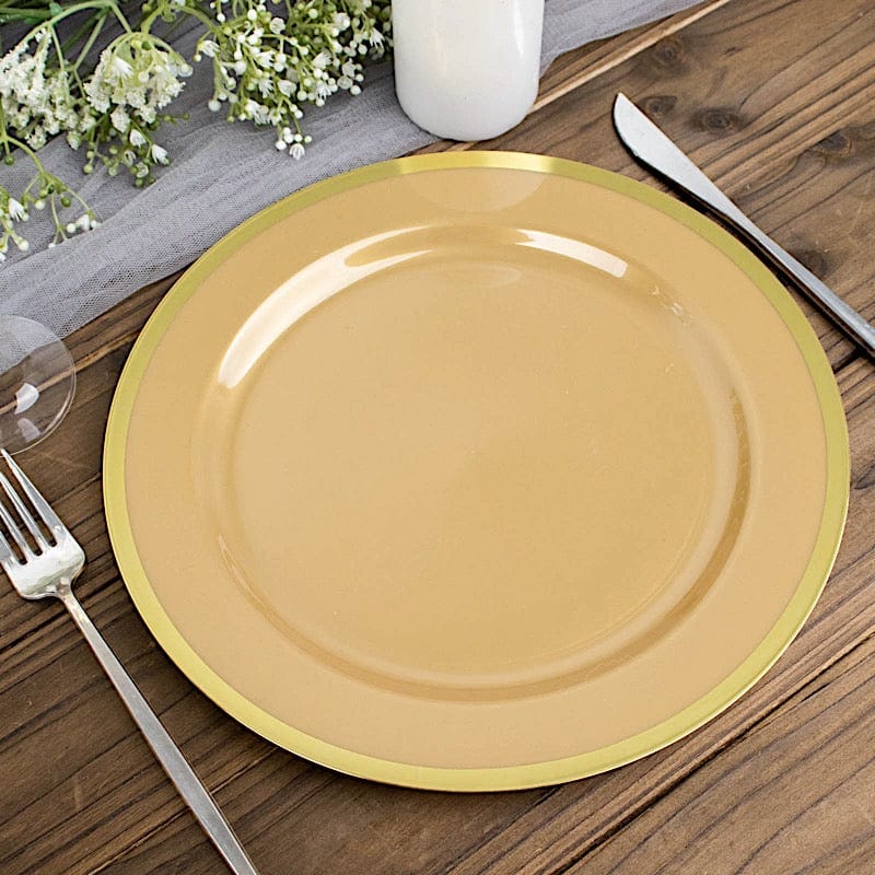 10 Disposable Round Plastic Dessert Plates with Gold Rim