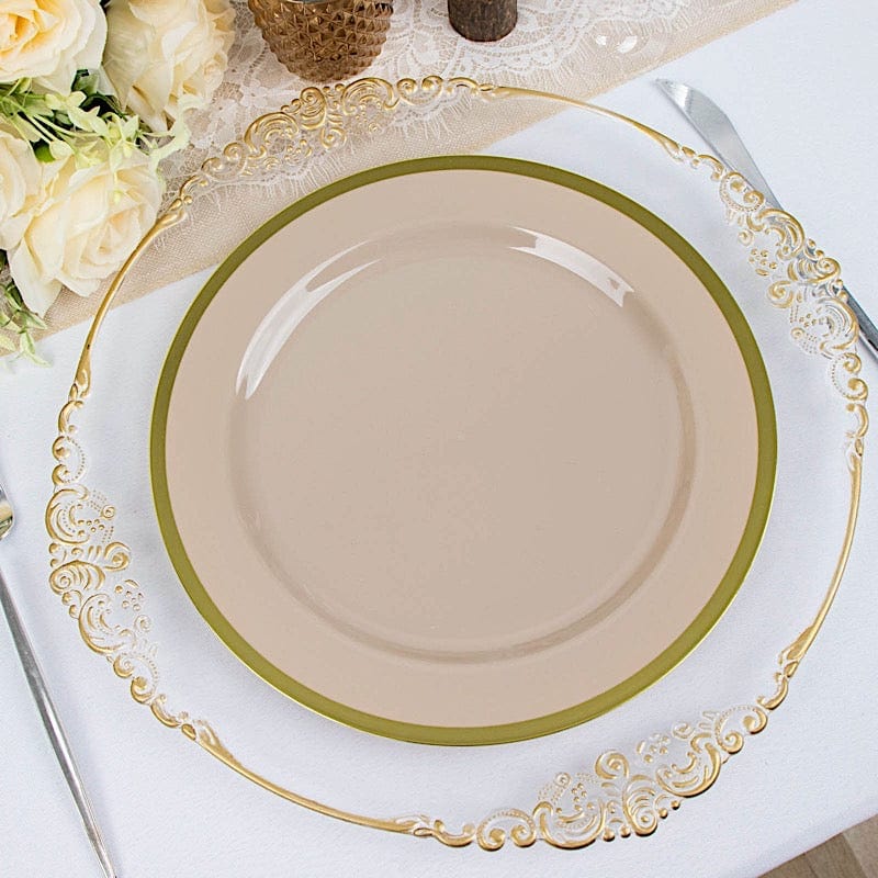 10 Disposable Round Plastic Dessert Plates with Gold Rim