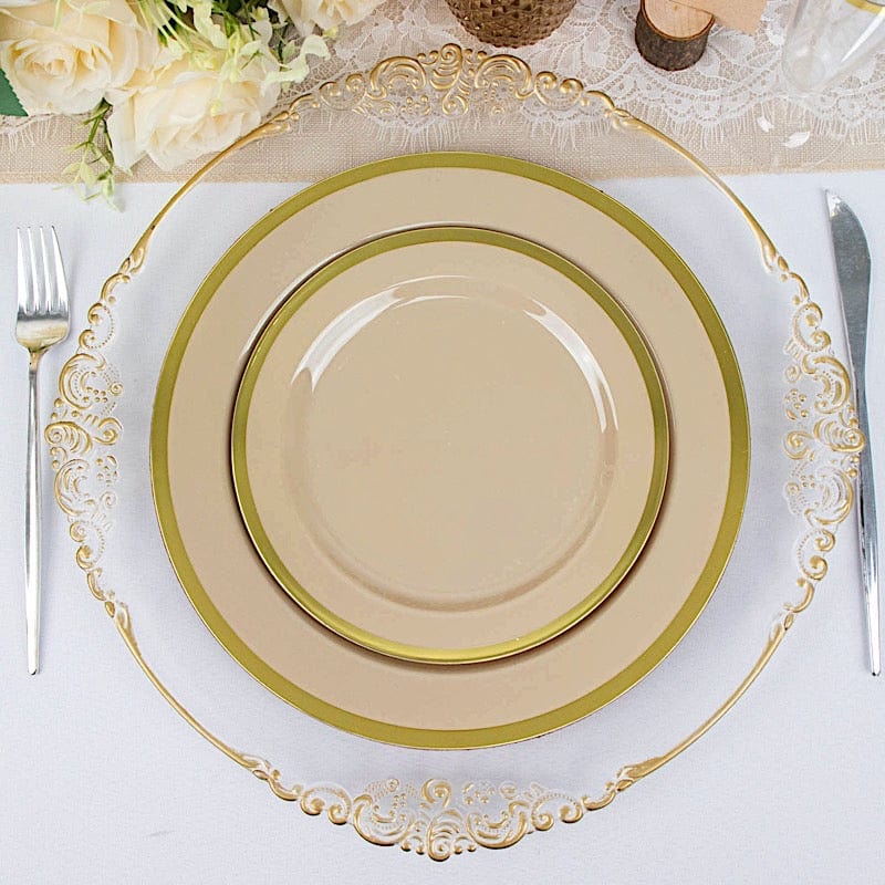 10 Disposable Round Plastic Dessert Plates with Gold Rim