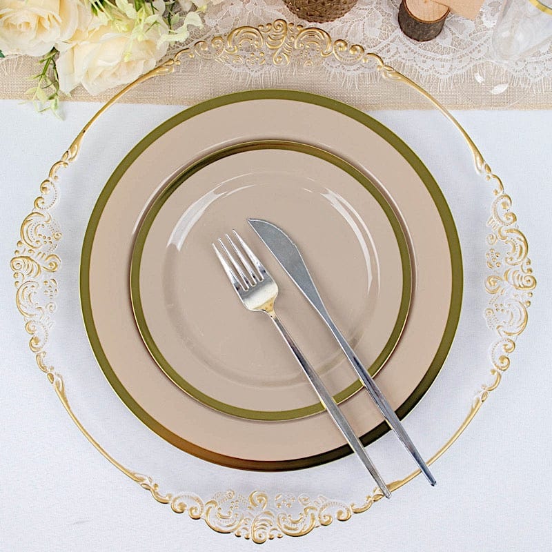 10 Disposable Round Plastic Dessert Plates with Gold Rim