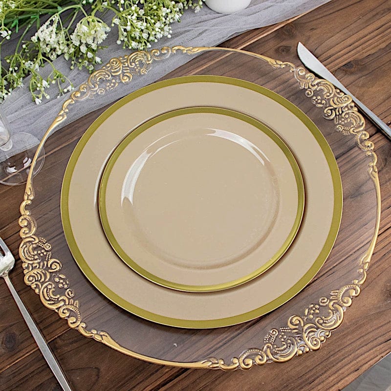 10 Disposable Round Plastic Dessert Plates with Gold Rim