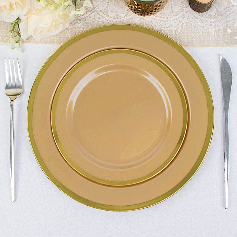10 Disposable Round Plastic Dessert Plates with Gold Rim