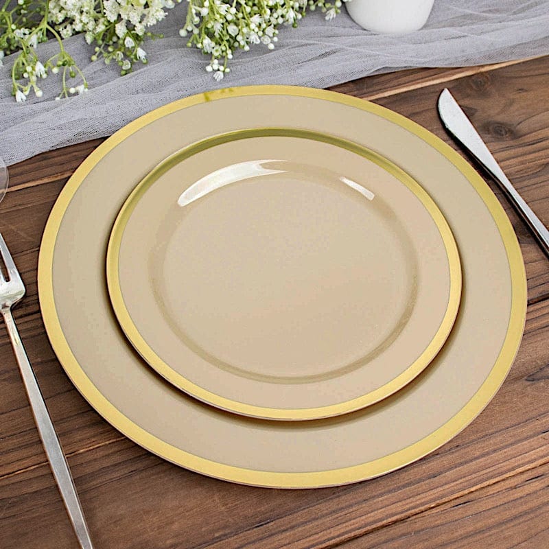 10 Disposable Round Plastic Dessert Plates with Gold Rim
