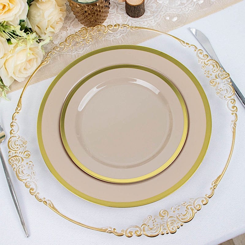 10 Disposable Round Plastic Dessert Plates with Gold Rim