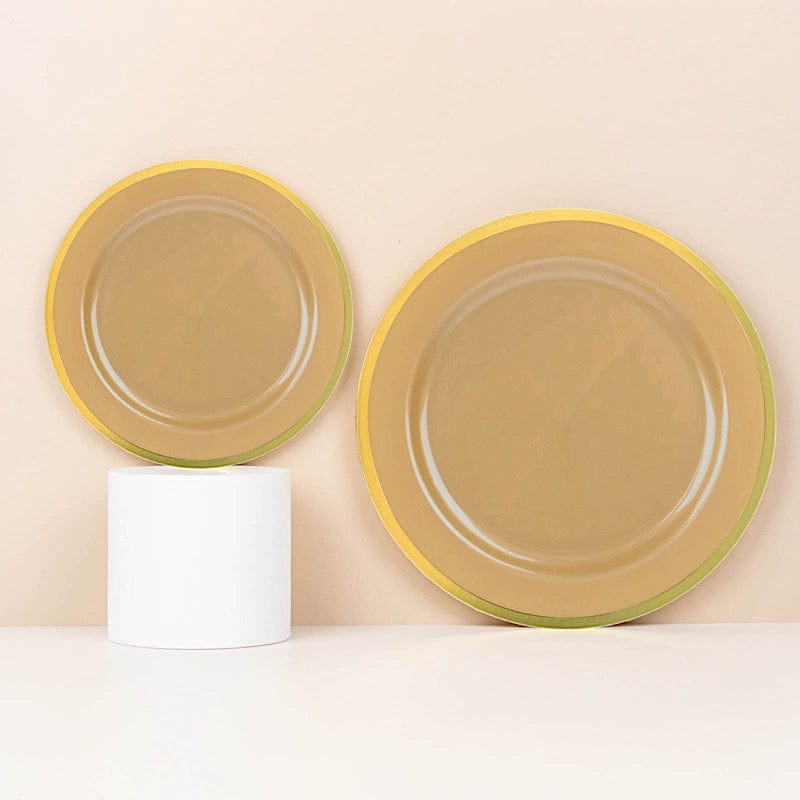 10 Disposable Round Plastic Dessert Plates with Gold Rim