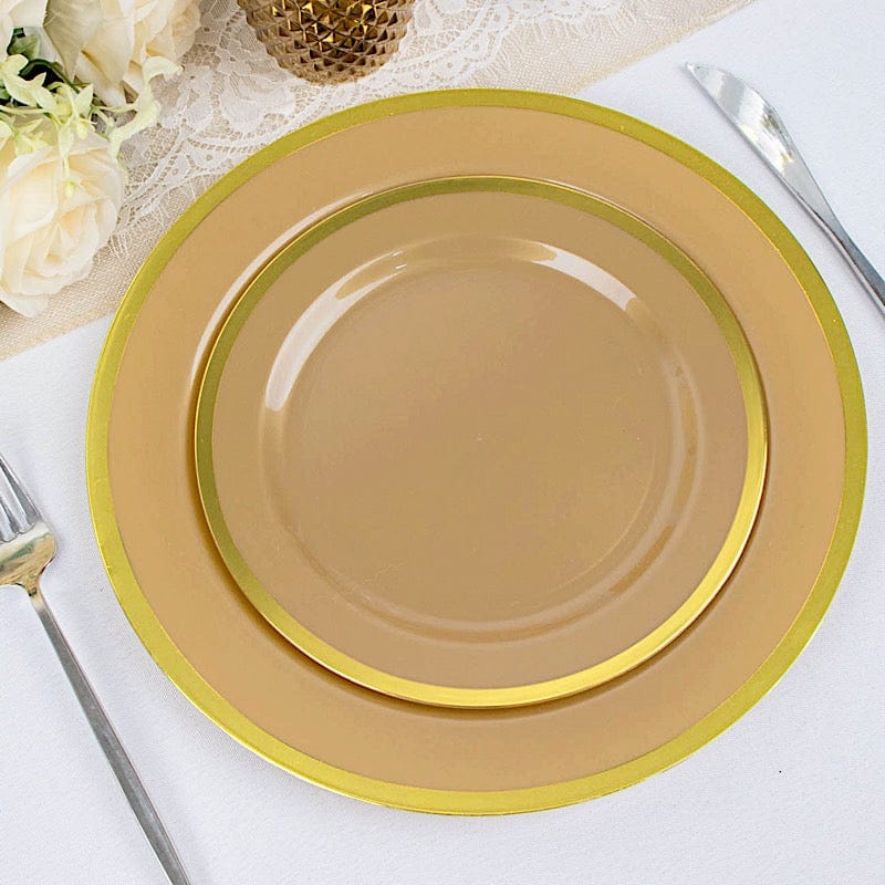 10 Disposable Round Plastic Dessert Plates with Gold Rim