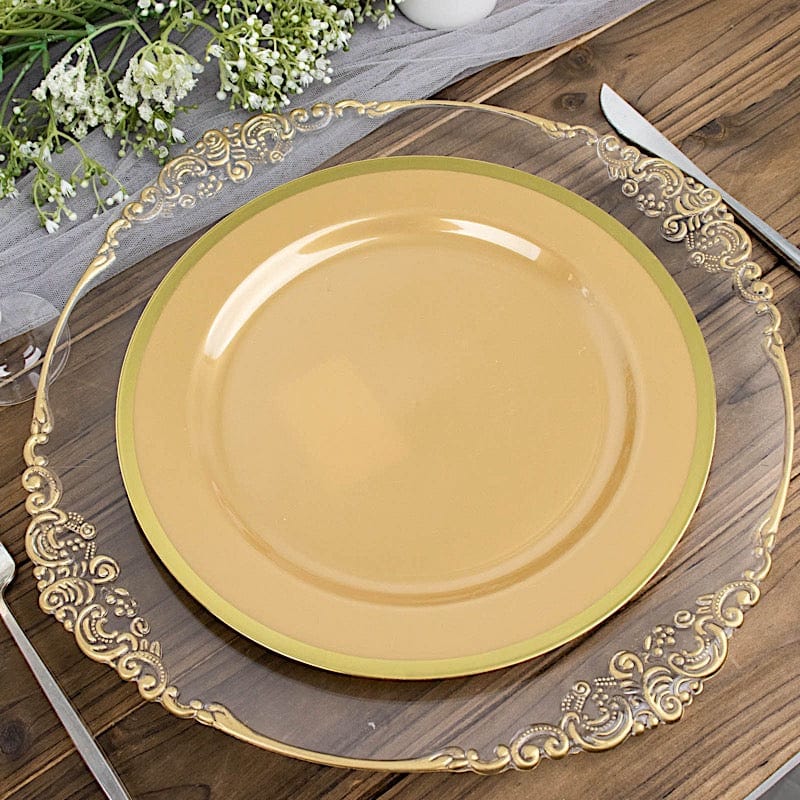 10 Disposable Round Plastic Dessert Plates with Gold Rim