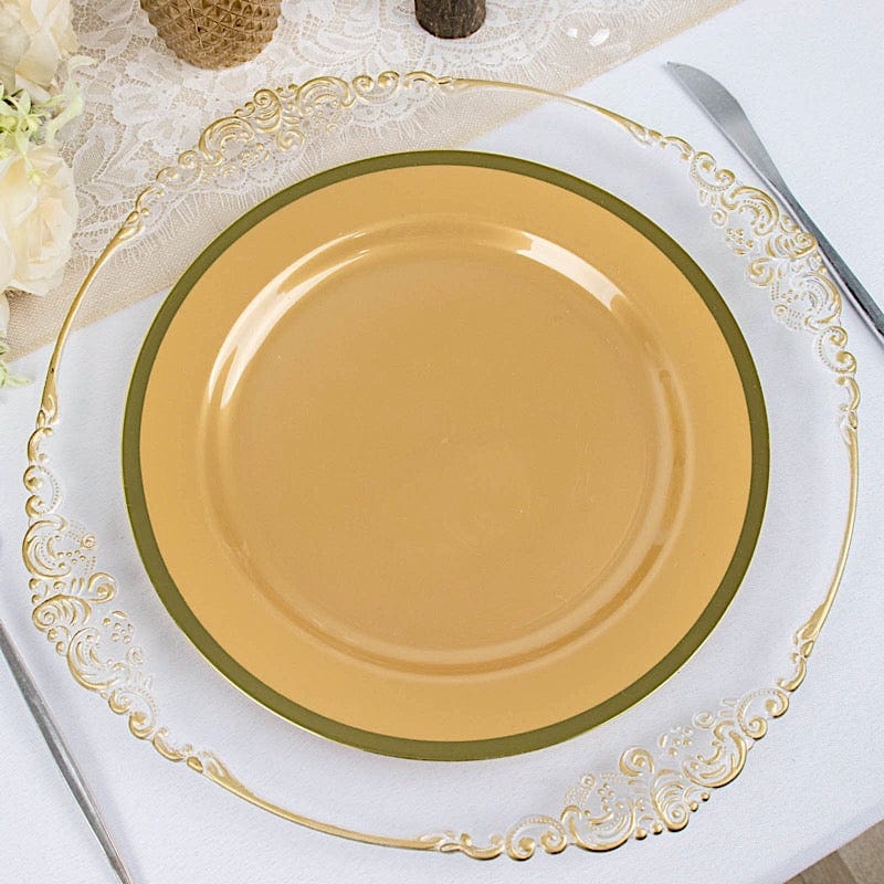 10 Disposable Round Plastic Dessert Plates with Gold Rim