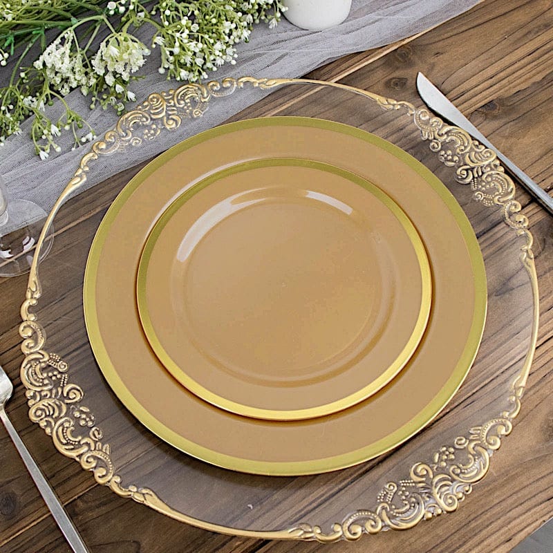 10 Disposable Round Plastic Dessert Plates with Gold Rim