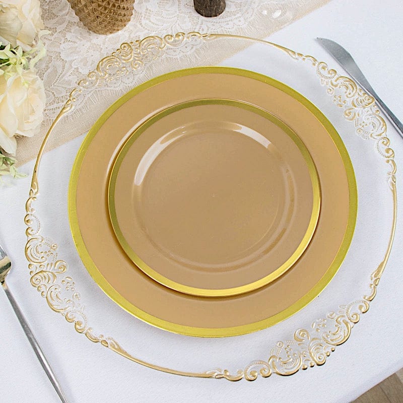 10 Disposable Round Plastic Dessert Plates with Gold Rim