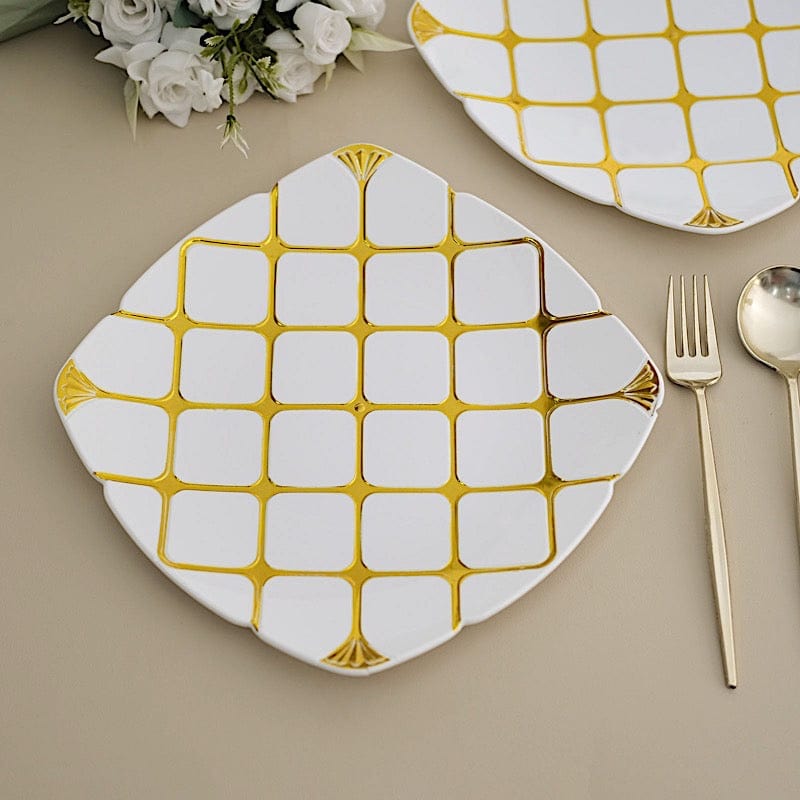 10 Disposable White Plastic Plates with Gold Geometric Design