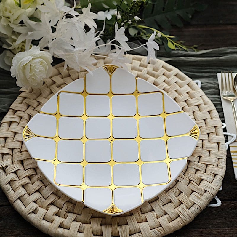 10 Disposable White Plastic Plates with Gold Geometric Design