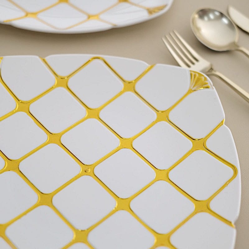 10 Disposable White Plastic Plates with Gold Geometric Design