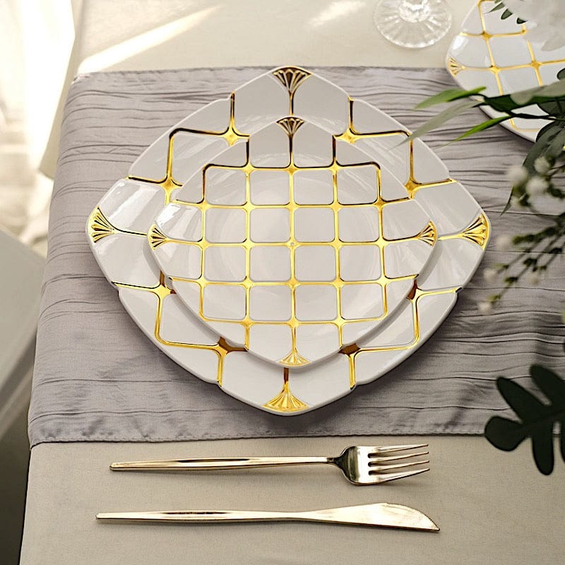10 Disposable White Plastic Plates with Gold Geometric Design