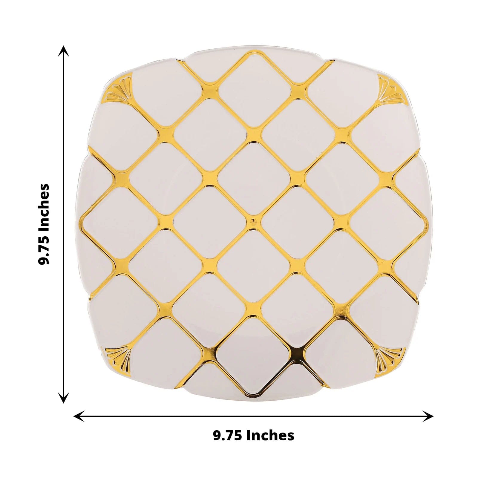 10 Disposable White Plastic Plates with Gold Geometric Design