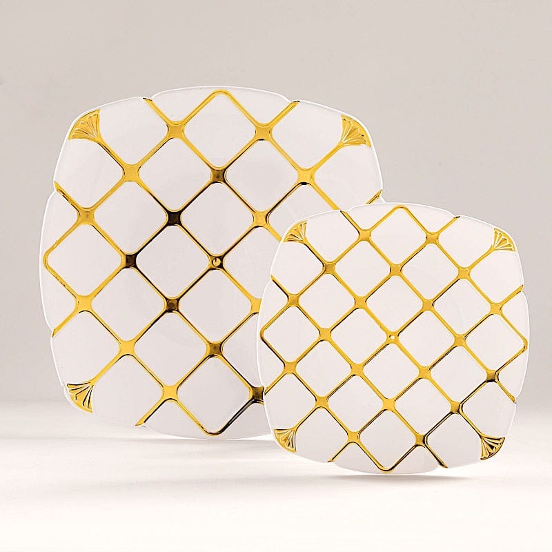 10 Disposable White Plastic Plates with Gold Geometric Design