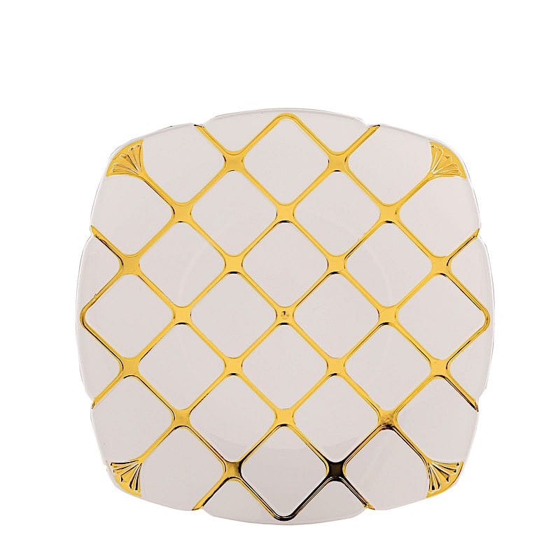 10 Disposable White Plastic Plates with Gold Geometric Design